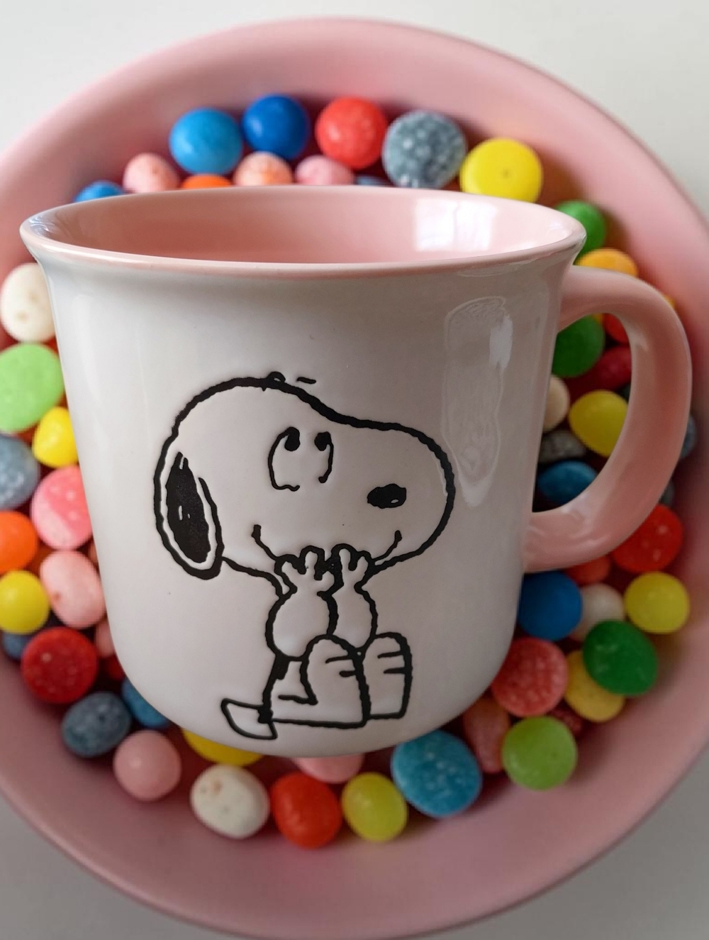Peanuts Snoopy Ceramic Coffee Mug Woodstock Pink Interior